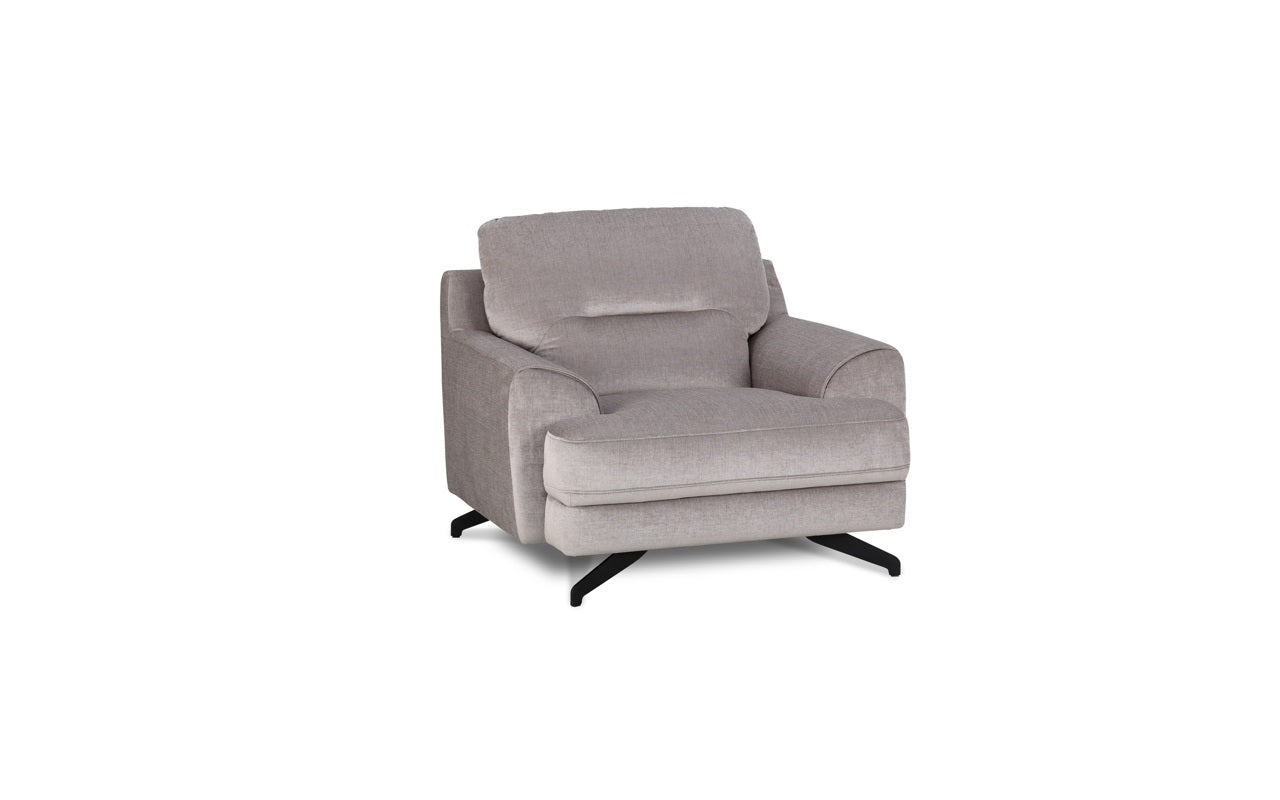 Süppedős szürke bársony fotel, fekete fém lábbal.