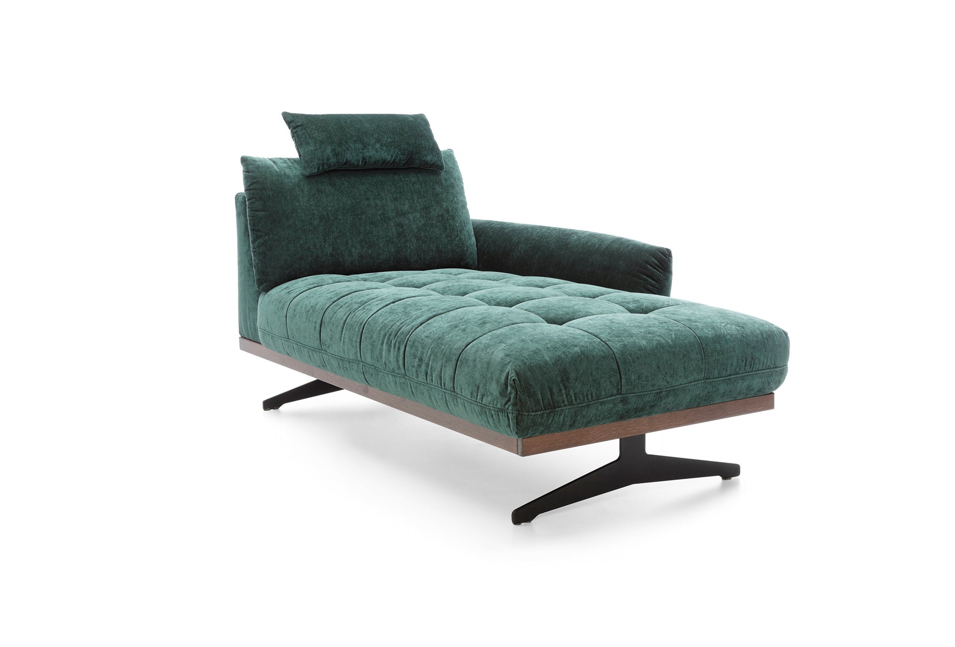 Sötétzöld fekvőfotel fejtámlával és magas lábakkal.
