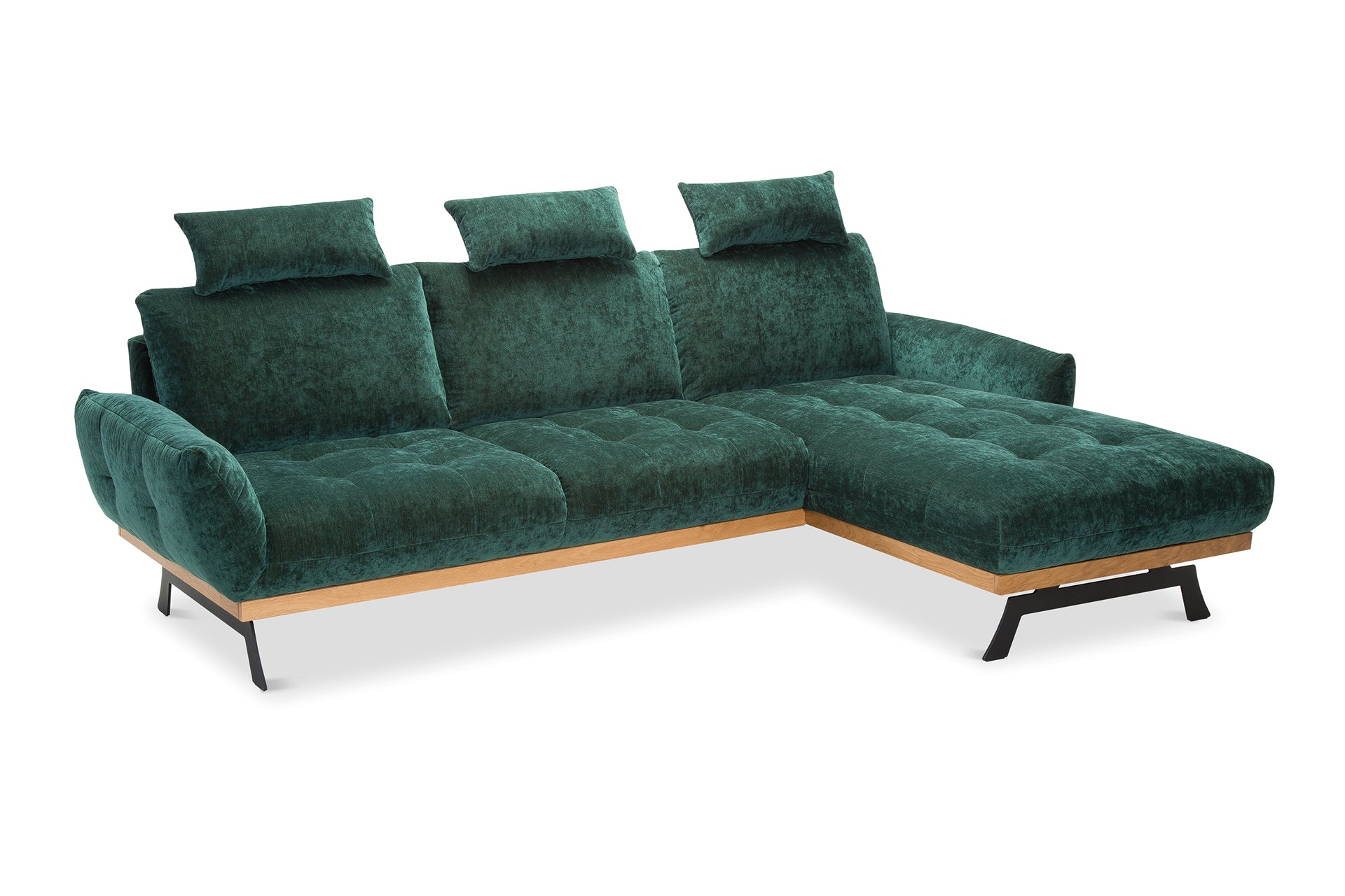 Sötétzöld bársony sarokkanapé fejtámlával