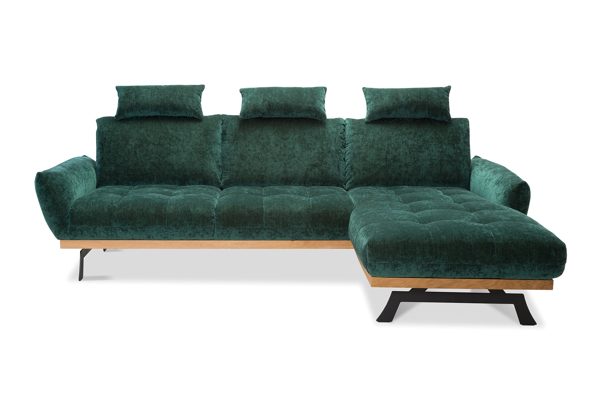 Sötétzöld bársony sarokkanapé fejtámlával