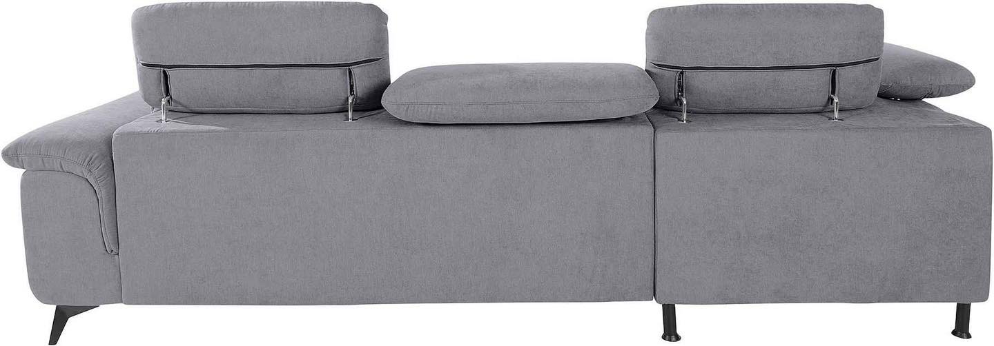 Szürke sarokkanapé állítható fejtámlával és relax funkcióval.