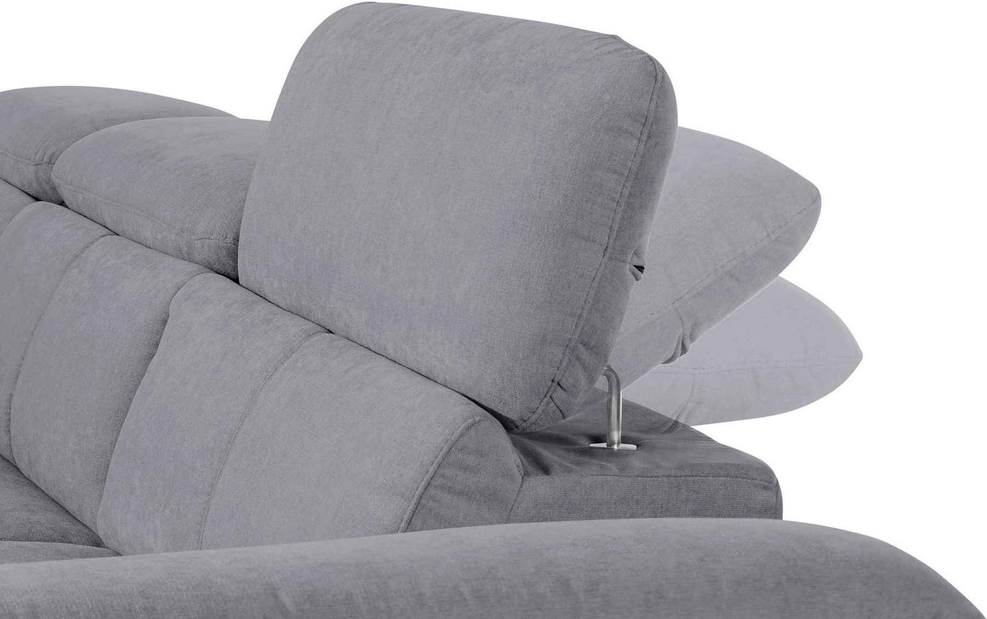 Szürke sarokkanapé állítható fejtámlával és relax funkcióval.
