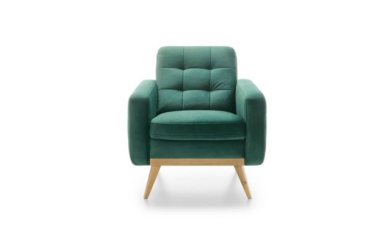 Sötétzöld szövet fotel fa lábakkal