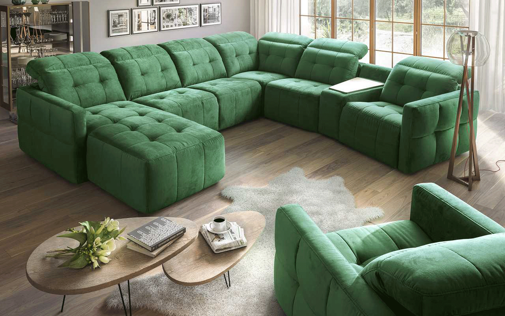 Nagy, zöld, modern U alakú kanapé