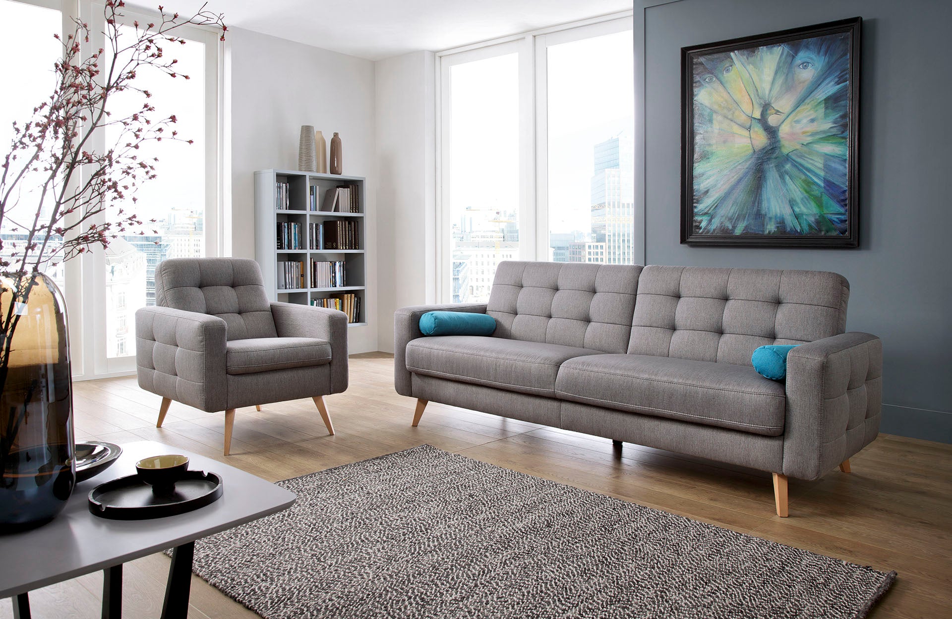 Skandináv stílusú szürke kanapé és fotel
