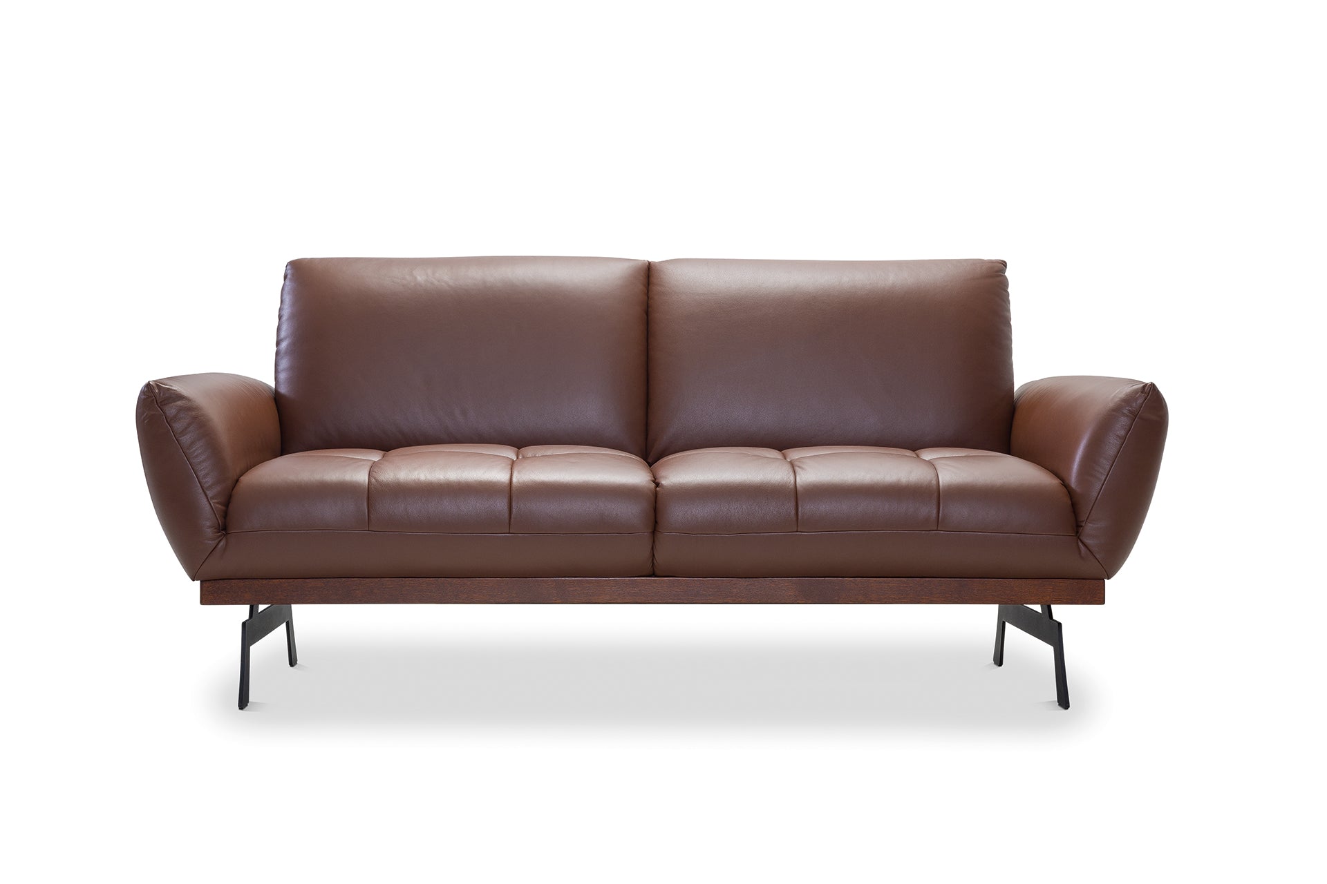 Kényelmes barna bőr kétszemélyes kanapé tűzésekkel
