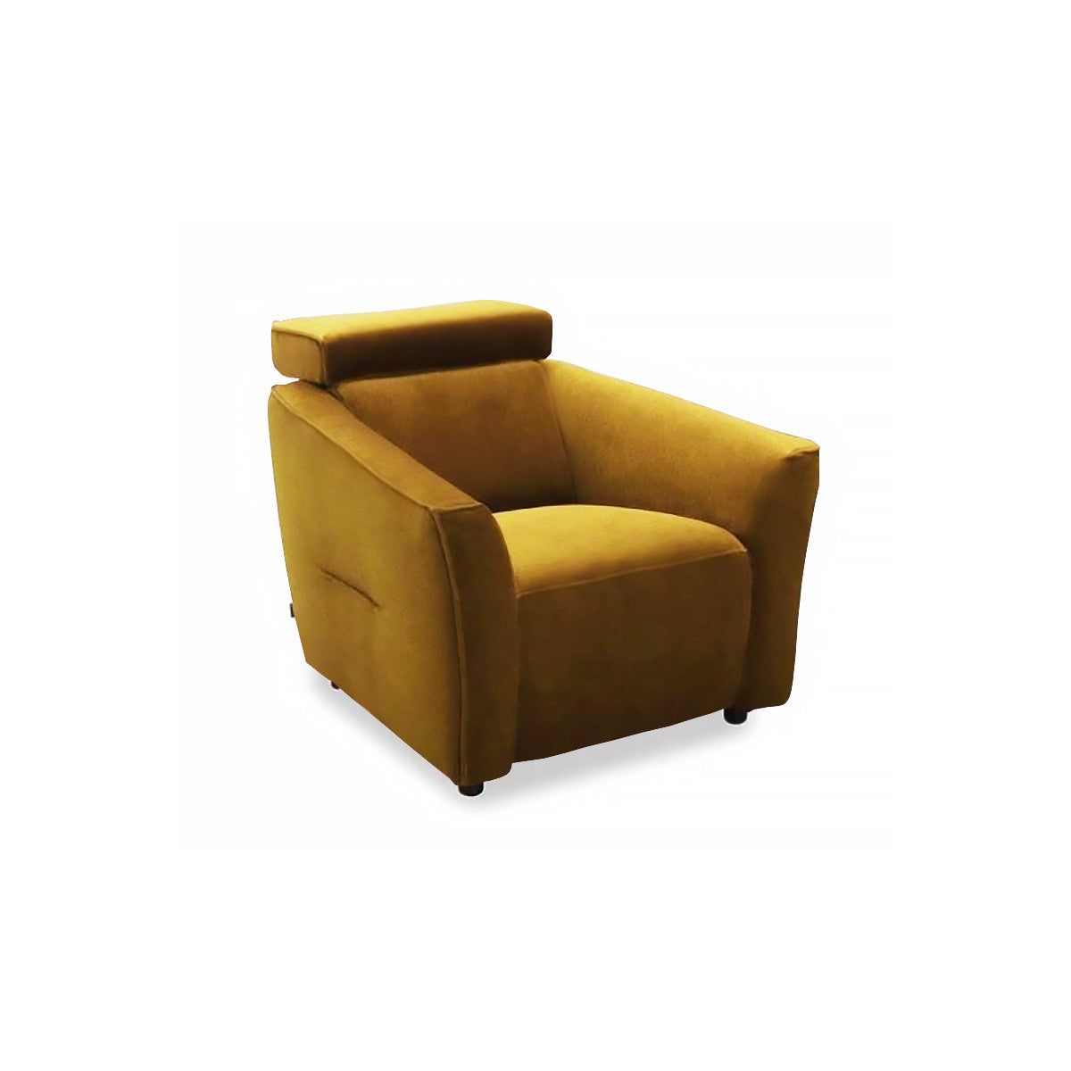 Kényelmes, curry színű fotel állítható fejtámlával, hozzá illő kanapéval.