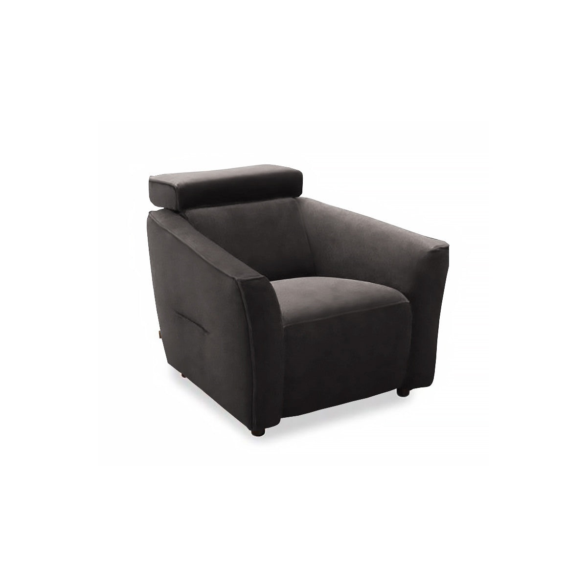 Kényelmes, fekete fotel állítható fejtámlával, hozzá illő kanapéval.