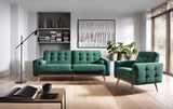 Sötétzöld skandináv stílusú tűzött kanapé és fotel