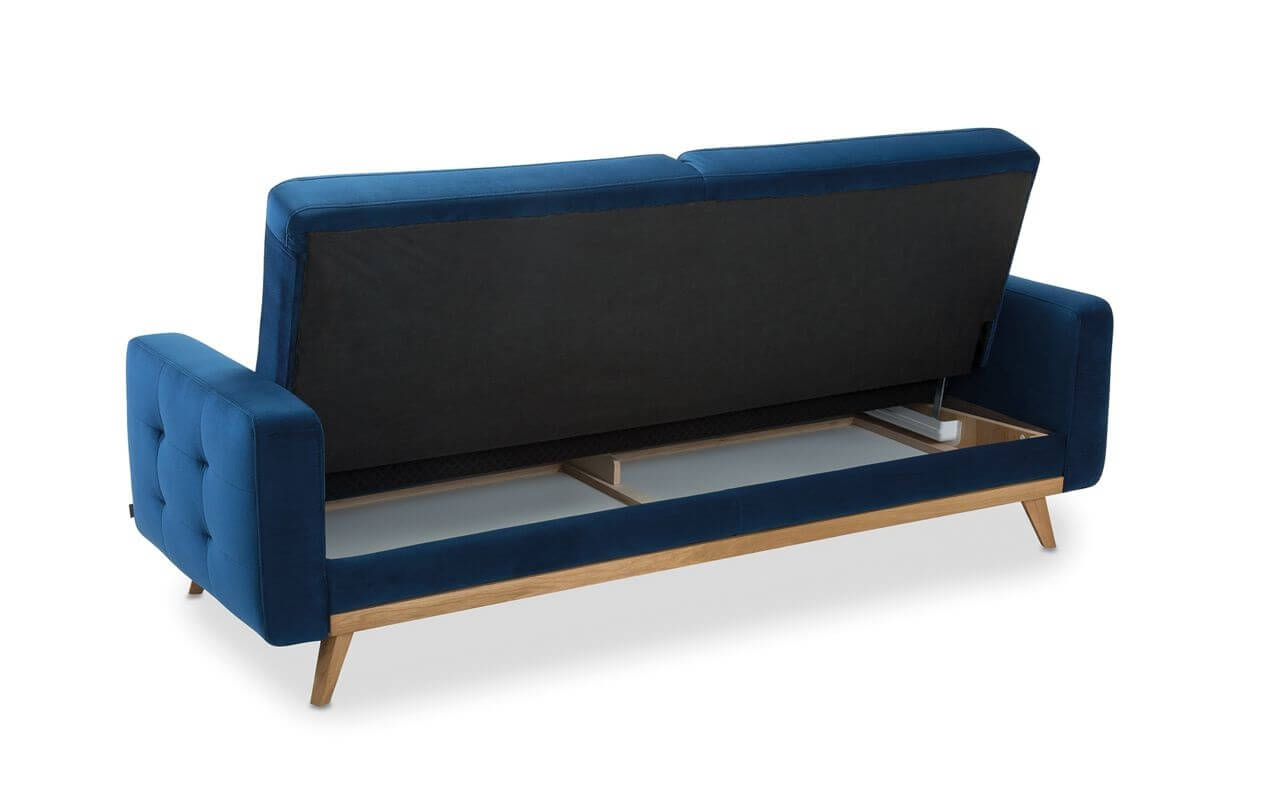 Sötétkék skandináv stílusú ágyneműtartós kanapé