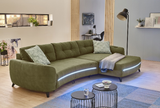 Zöld L alakú kanapé RGB világítással, hangszóróval, USB csatlakozóval.
